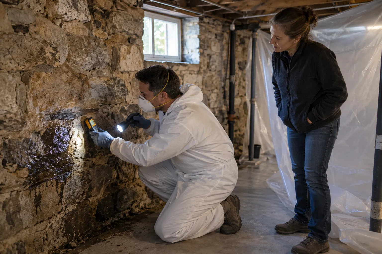 Technician removing dark mold from a bathroom ceiling