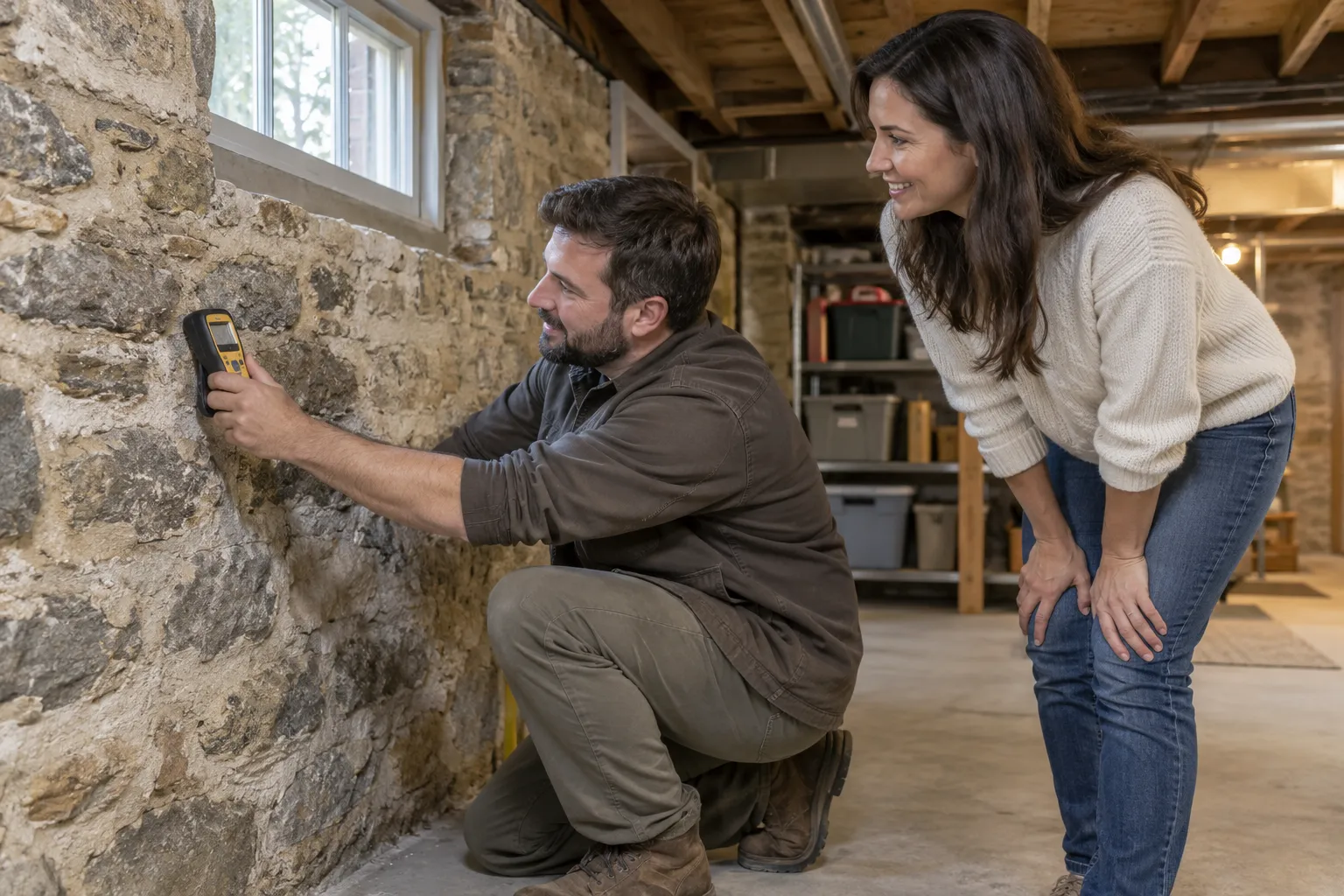 Mold inspector using a thermal camera on a wall