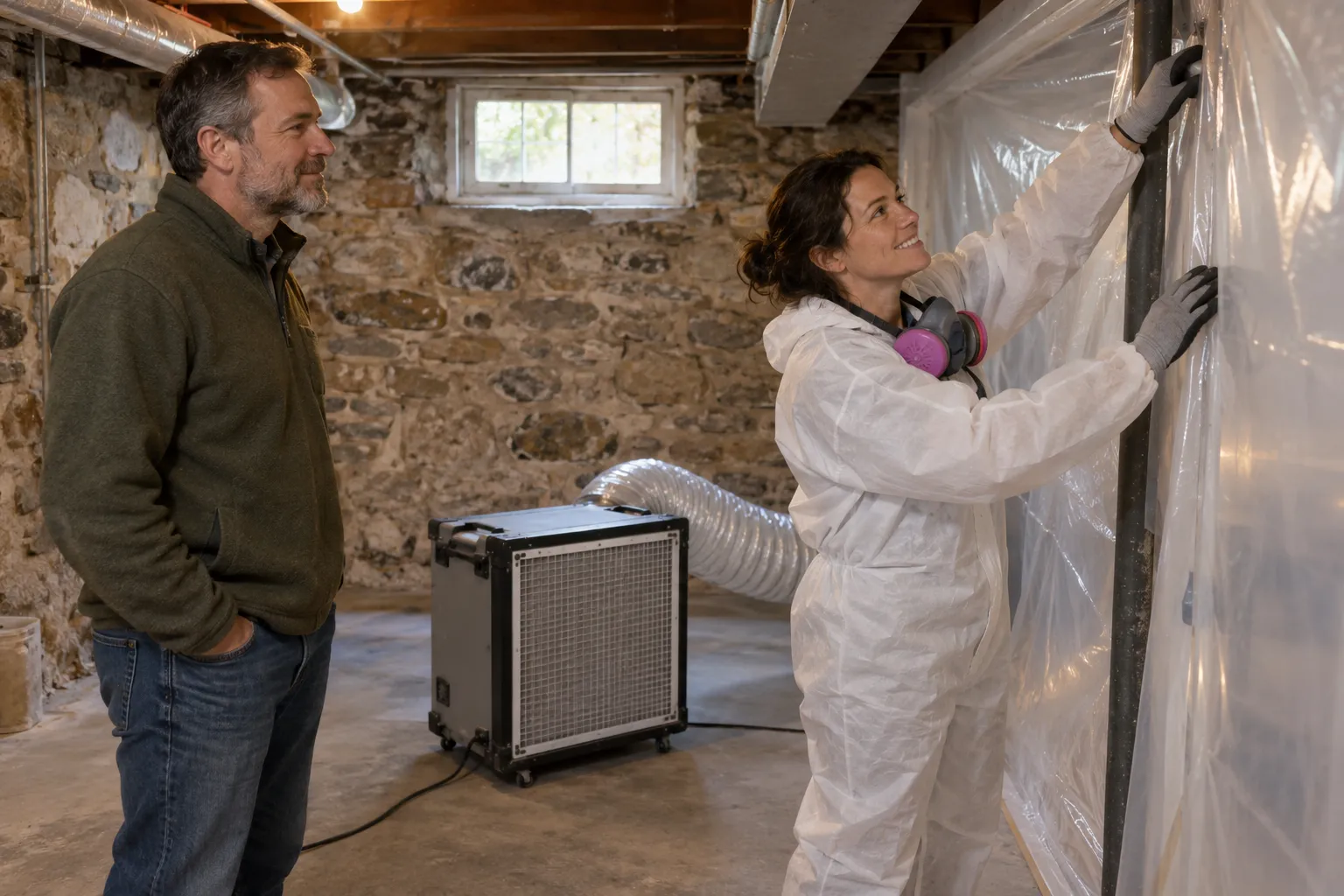 Mold remediation work area sealed with plastic sheeting